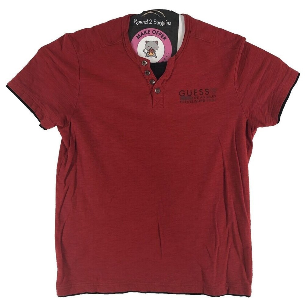 Guess Henley shirt women's‎ large red textured USA Los Angeles 1981